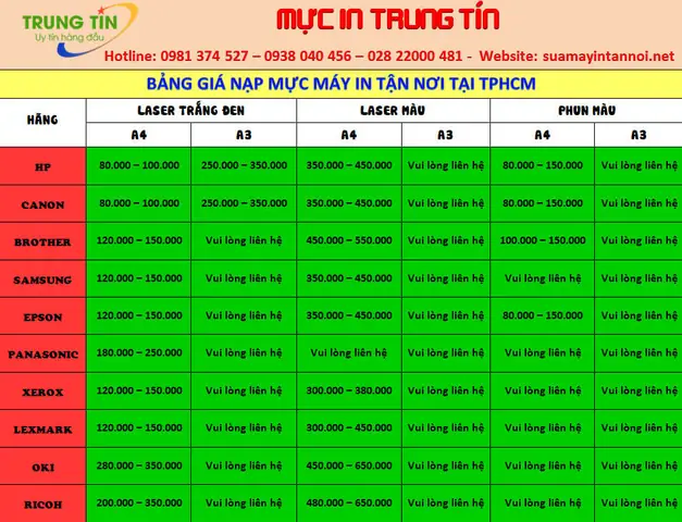 Bảng Giá Nạp Mực Máy In Tận Nơi: Chi Phí & Dịch Vụ Tại Tphcm